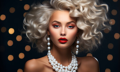 Fototapeta premium Glamorous Model with Voluminous Curly White Hair and Striking Pearl Necklace Radiates Elegance and Luxury