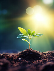 young plant sprouting from dirt, with sunlight behind it for concept of green life and ecology, in the style of detailed background elements