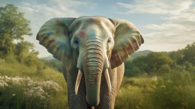A little elephant with pastel colors in a green landscape, showcasing the realistic wrinkles in its skin generative ai