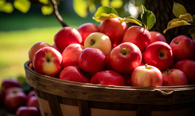 Freshly Harvested Red Apples in a Rustic Basket Under an Apple Tree