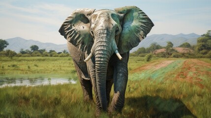 Fototapeta premium A little elephant with pastel colors in a green landscape, showcasing the realistic wrinkles in its skin generative ai