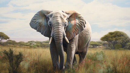 Fototapeta na wymiar A little elephant with pastel colors in a green landscape, showcasing the realistic wrinkles in its skin generative ai