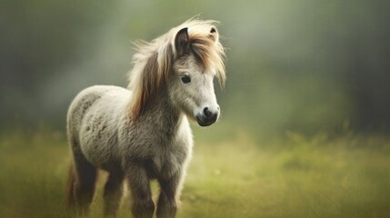 Obraz premium A miniature horse with soft tones in a green field, highlighting the texture of its coat generative ai