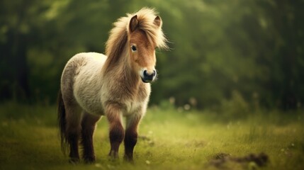 Obraz premium A miniature horse with soft tones in a green field, highlighting the texture of its coat generative ai