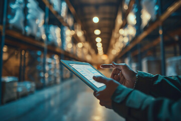 Logistics technologies. Smart warehouse management system. Business Logistics technology concept.Manager hands using tablet on blurred warehouse with full of boxes as background