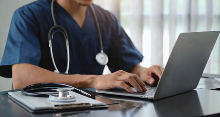 Close-up of a male doctor using a stethoscope while working and typing on a laptop in his office, generative ai - obrazy, fototapety, plakaty