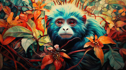 illustration of a monkey with tropical tones in a lush jungle, emphasizing the curiosity in its eyes. generative ai - obrazy, fototapety, plakaty