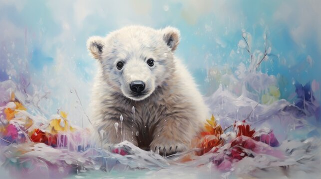 A polar bear cub with multicolored fur in a snowy setting, capturing every detail of its soft coat generative ai