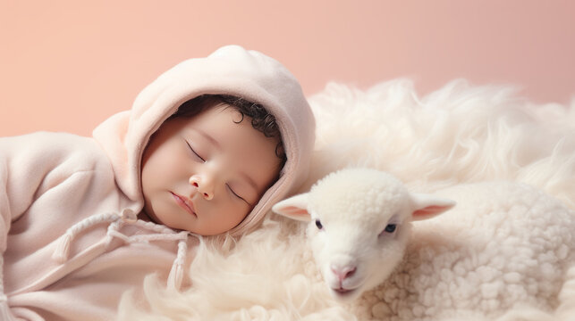 A cute baby in a soft, warm blouse and a Peach Fuzz-colored hat sleeps on a fluffy blanket, next to a small white lamb. A child's dream, a gentle image for Mother's Day