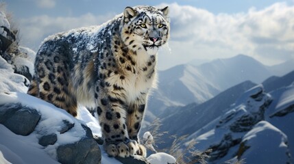 Fototapeta premium A snow leopard with fluffy fur in a mountainous landscape, capturing its elegance generative ai