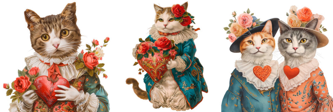 Set of vintage drawn cats in retro clothes. Gentleman cat holds flowers and a heart. Cats in hats. Isolated on a transparent background.