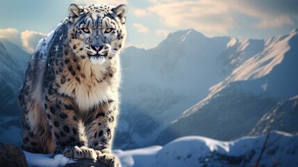 A snow leopard with fluffy fur in a mountainous landscape, capturing its elegance generative ai - obrazy, fototapety, plakaty
