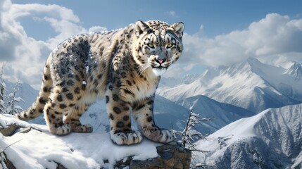 Obraz premium A snow leopard with fluffy fur in a mountainous landscape, capturing its elegance generative ai