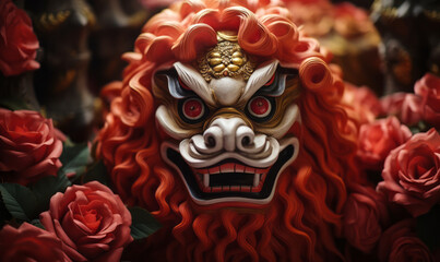 Traditional Chinese lion dance mask surrounded by red peonies, symbolizing prosperity and good fortune