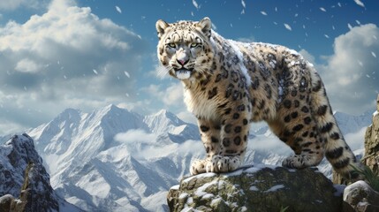 A snow leopard with fluffy fur in a mountainous landscape, capturing its elegance generative ai