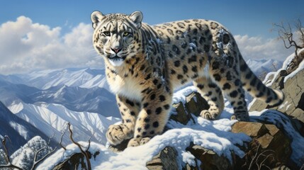 Fototapeta premium A snow leopard with fluffy fur in a mountainous landscape, capturing its elegance generative ai