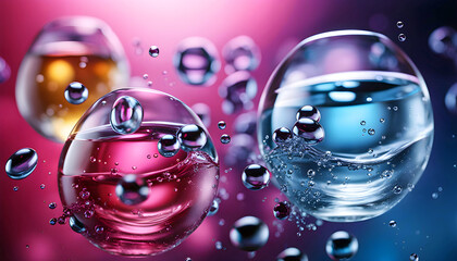 Cosmetic essence, liquid water molecules, molecules inside liquid against DNA water splash background, 3d rendering