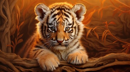 Fototapeta premium A tiger cub with realistic stripe details on a warm and cozy background generative ai