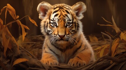 A tiger cub with realistic stripe details on a warm and cozy background generative ai
