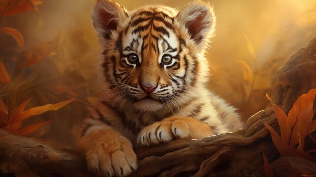 A tiger cub with realistic stripe details on a warm and cozy background generative ai