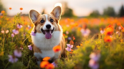 A tricolor corgi in a field of flowers, displaying its energy and charm generative ai
