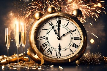 New Year 2024 with gold vintage clock, champagne, confetti and fireworks, concept. New Year's Ev - obrazy, fototapety, plakaty