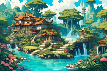 anime art illustration of a whimsical fantasy island landscape, carefully blending elements of...