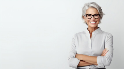 Beautiful smiling mature woman with short gray hair, on a light background, banner .Generative ai