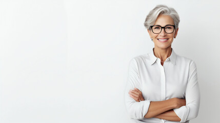 Beautiful smiling mature woman with short gray hair, on a light background, banner .Generative ai - obrazy, fototapety, plakaty
