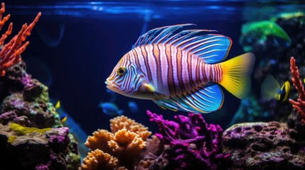Fototapeta na wymiar A tropical fish with shiny scales in a coral reef, highlighting the diverse colors underwater generative ai