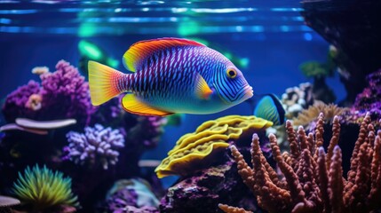 Obraz na płótnie Canvas A tropical fish with shiny scales in a coral reef, highlighting the diverse colors underwater generative ai
