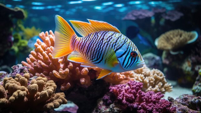 A tropical fish with shiny scales in a coral reef, highlighting the diverse colors underwater generative ai