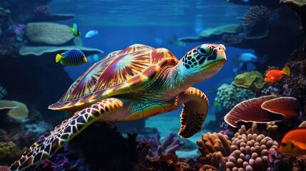 Obraz premium A turtle with a multicolored shell in a marine environment, highlighting the serene slowness of these animals generative ai