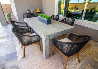 Back Patio Wooden Table With Six Rattan Chairs