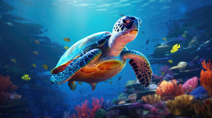Fototapeta na wymiar A turtle with a multicolored shell in a marine environment, highlighting the serene slowness of these animals generative ai