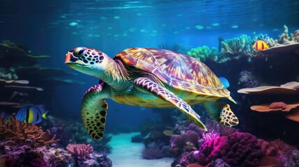 Obraz premium A turtle with a multicolored shell in a marine environment, highlighting the serene slowness of these animals generative ai