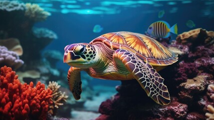 Fototapeta na wymiar A turtle with a multicolored shell in a marine environment, highlighting the serene slowness of these animals generative ai