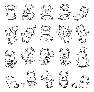 Beautiful cow cartoon character. Coloring Page. Cute kawaii farm animal. Hand drawn style. Vector drawing. Collection of design elements.