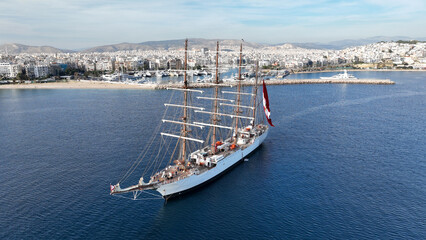 Aerial drone photo of beautiful 3 mast barque or barc type classic sailing wooden boat with huge...