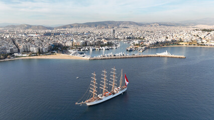 Aerial drone photo of beautiful 3 mast barque or barc type classic sailing wooden boat with huge...