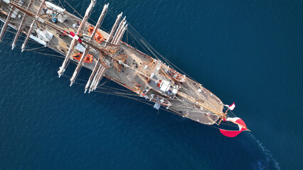 Aerial drone photo of masterpiece 3 mast barque or barc type classic sailing wooden boat with huge...