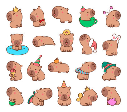 Cute cartoon kawaii capybara. Animal funny characters. Hand drawn style. Vector drawing. Collection of design elements.