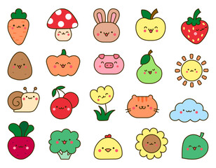 Fototapeta premium Kawaii cartoon farm characters. Cute animals, nature, vegetables, fruits, flowers. Hand drawn style. Vector drawing. Collection of design elements.