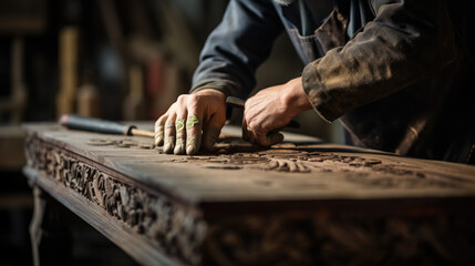 meticulous efforts of a carpenter to restore an old and worn piece of furniture, highlighting the intricate details of the work process. generative ai