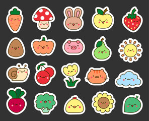 Kawaii cartoon farm characters. Sticker Bookmark. Cute animals, nature, vegetables, fruits, flowers. Hand drawn style. Vector drawing. Collection of design elements.