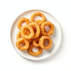 photograph from above, side order of onion rings on a plate on a white background