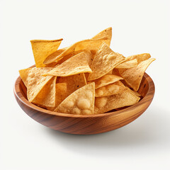 tasty tortilla chips in a wooden bowl with transparent background created with Generative Ai