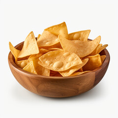 tasty tortilla chips in a wooden bowl with transparent background created with Generative Ai