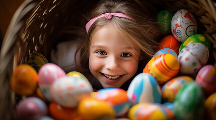 Fototapeta na wymiar Smiling happy girl holding basket full of easter eggs