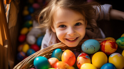 Fototapeta na wymiar Smiling happy girl holding basket full of easter eggs